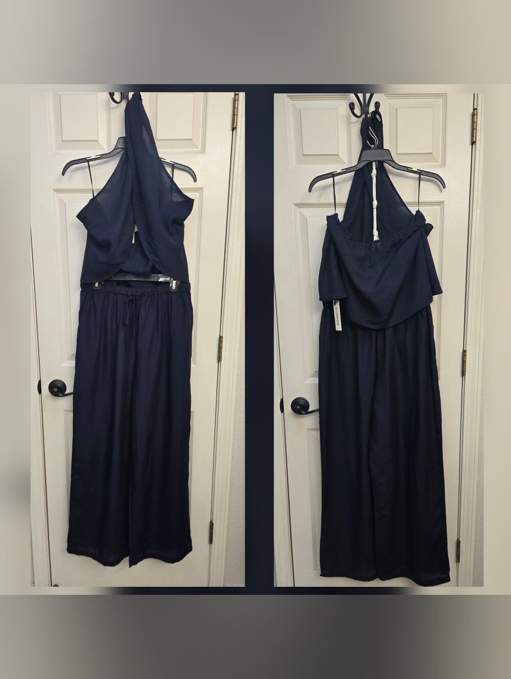NWT Commense Navy Semi-Sheer Halter Neck Top & Wide Leg Pants Set, Large - Picture 3 of 9